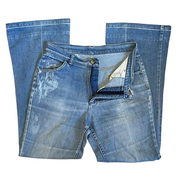 Lee Women’s Sz 27 Vintage 70s Bell Bottom Jeans Cotton USA Made Faded Thrashed - Picture 7 of 16